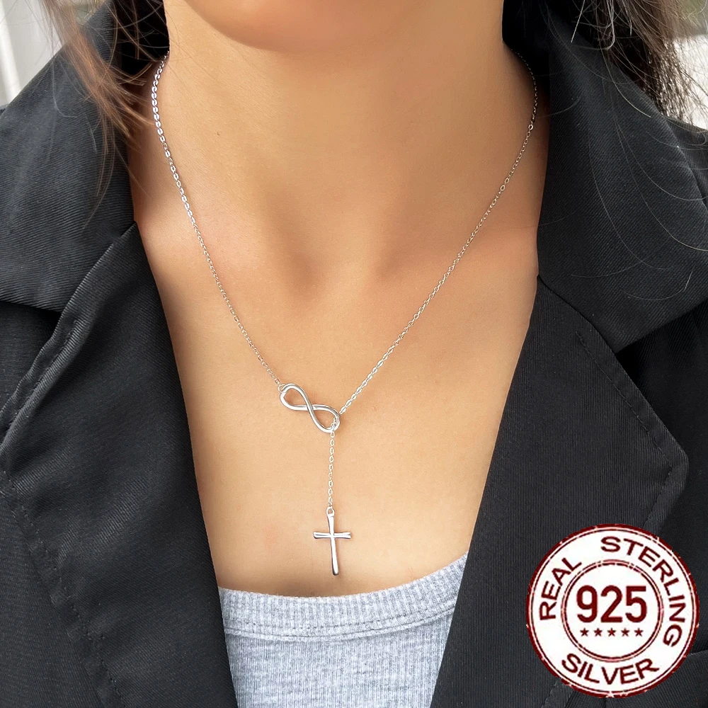 CWWZircons Fashion S925 Sterling Silver Cross Infinity Pendant Chain Necklace for Women Accessories Party Jewelry Gifts SD012