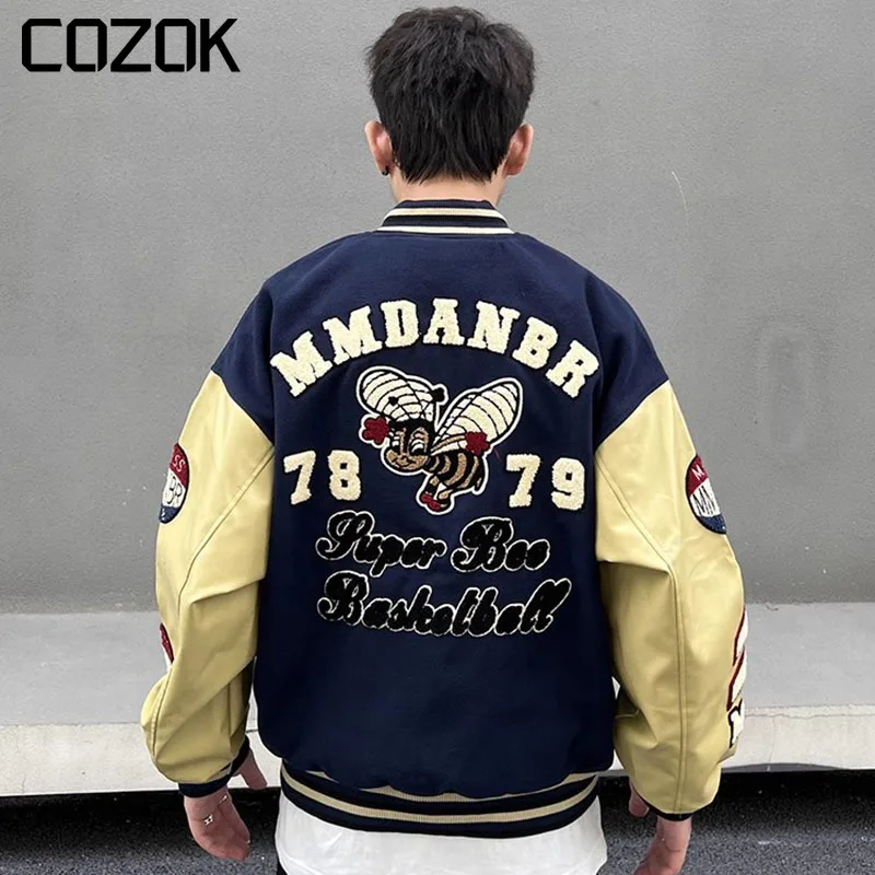 

High Street Varsity Baseball Jackets Mens Vintage Harajuku Bee Flocking Embroidery Patchwork Leather Sleeve Coats Couples 2023