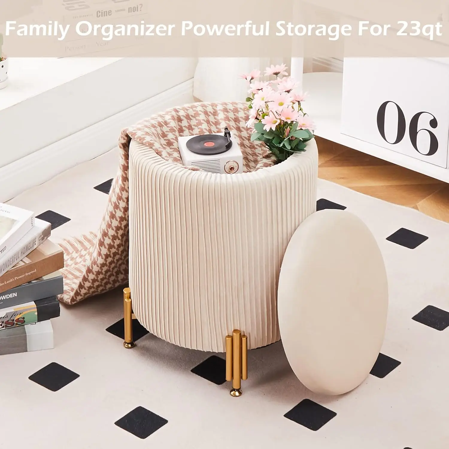 

Mxfurhawa Round Ottoman Foot Stool With Storage And Metal Legs For Living Room Bedroom, Velvet Upholstered Footrest Stool