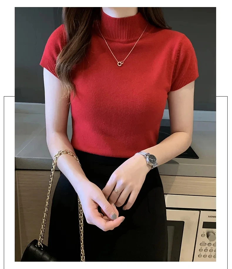 Damen-T-Shirt mit halbhohem Ausschnitt, modischer Pullover, lässige Oberteile, koreanischer Stil, elegante einfarbige Kleidung, Frühlings- und Sommersaison – Detail 6