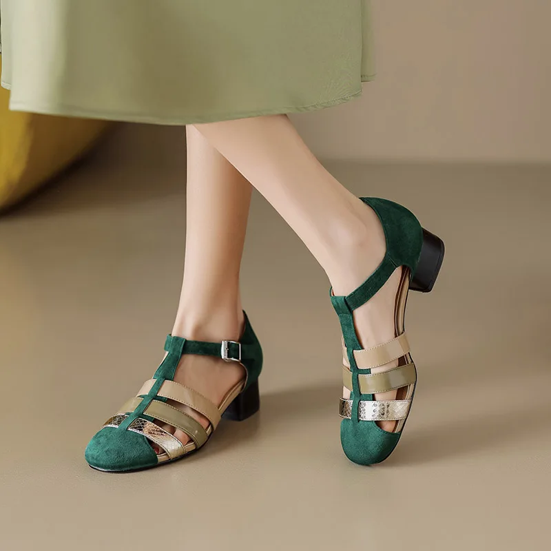 Phoentin Vintage Green Sandals Female Mixed Colors Elegant Woman Shoes With Low Heels T-Strap Shoes Narrow Bands FT2400