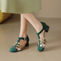 Phoentin Vintage Green Sandals Female Mixed Colors Elegant Woman Shoes With Low Heels T-Strap Shoes Narrow Bands FT2400