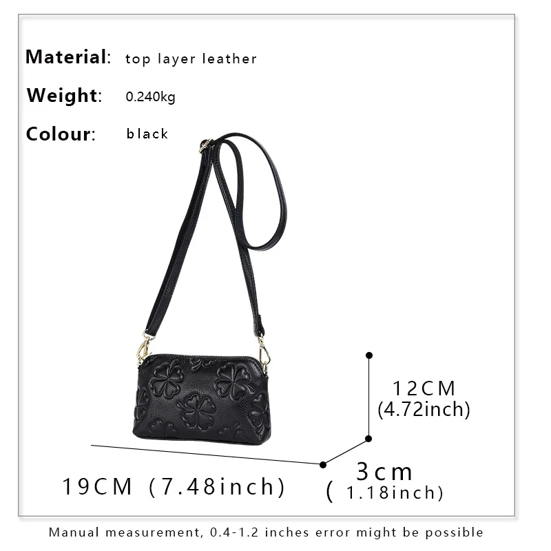 Aidrani New floral pattern cowhide single shoulder crossbody bag, mini double zippered long money bag, black