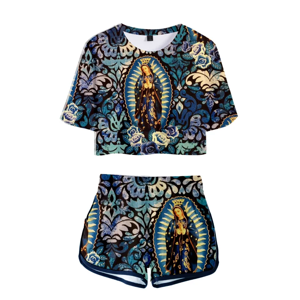 Youthful Our Lady Of Guadalupe Virgin Mary Catholic 3D Girls Dew navel Two Piece Set Sexy Short Sleeve Crop T-shirts+Shorts