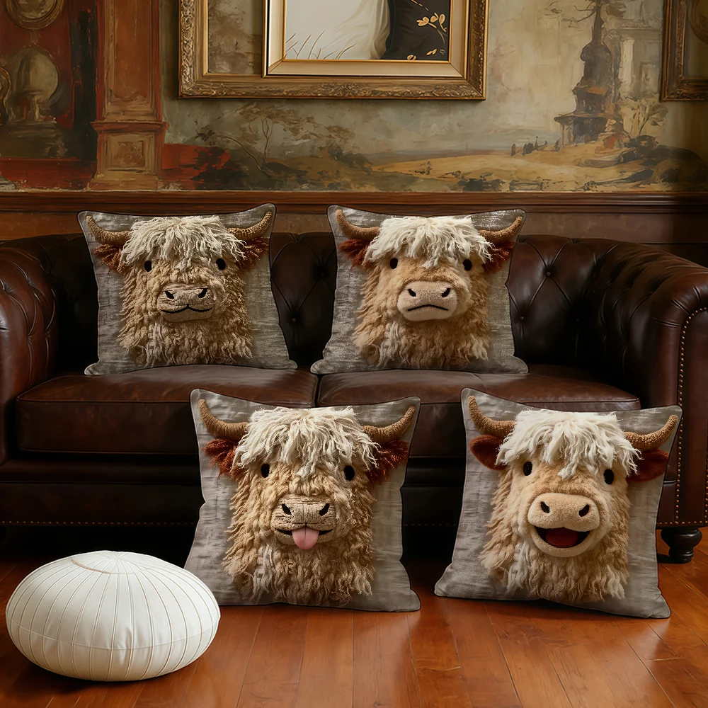 Cute Highland Cow Design cushion cover Pillow Case Plush Fabric Soft Double Sided Print Sofa Cushion Cover Throw Pillow Covers