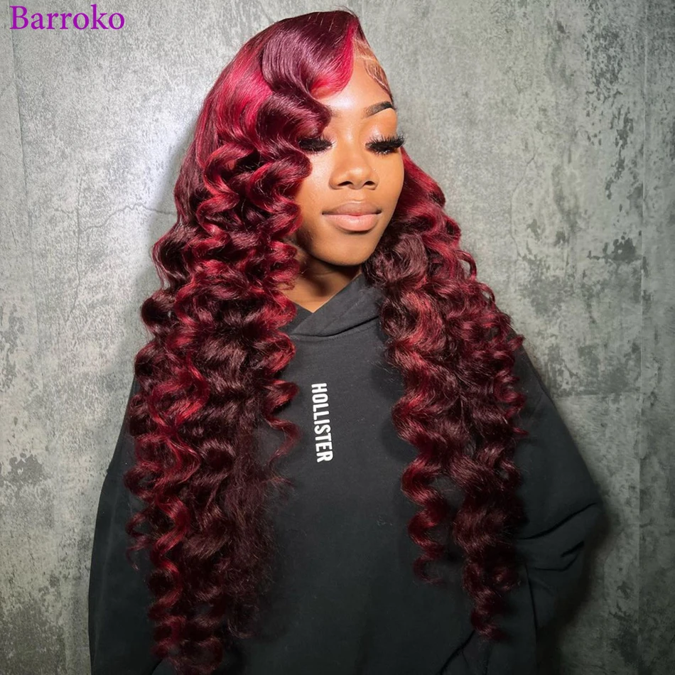 Barroko Hot Red Colored Loose Deep Lace Frontal Human Hair Wigs 34 Inch Pre Plucke 13x6 Transparent Lace Front Wigs Human Hair