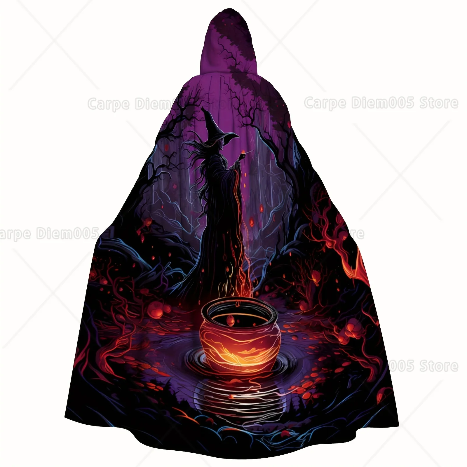 1pc Gothic Witch Cloak with Enchanted Forest Print - Dark Purple Black Cauldron Design, Mysterious Spells One Size