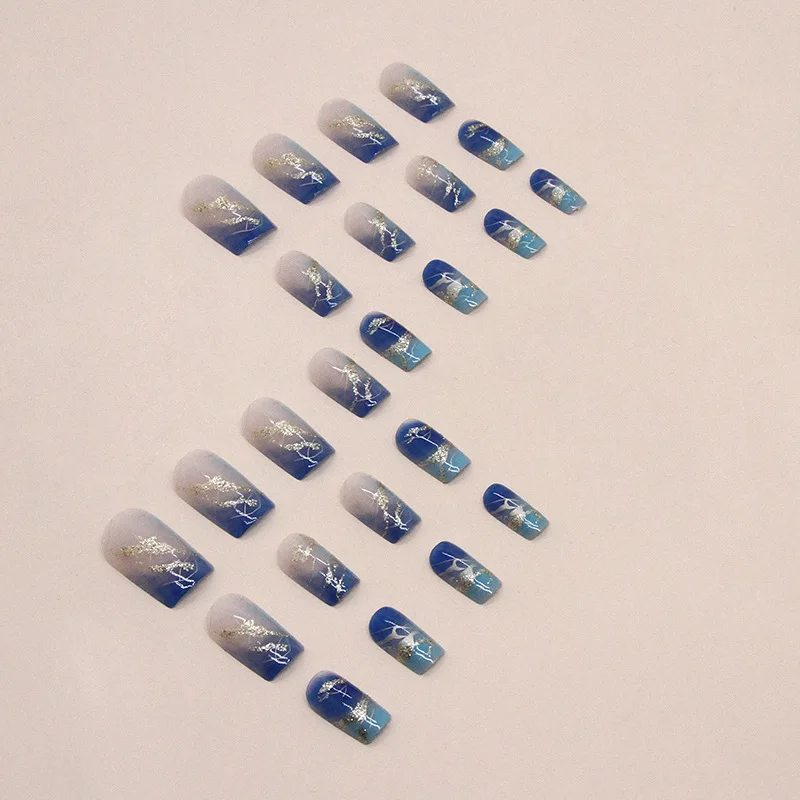 24 pçs de comprimento médio quadrado imprensa em unhas azul ouro listras dicas de unhas unhas falsas mulher com abas pegajosas colar unhas auto-prego