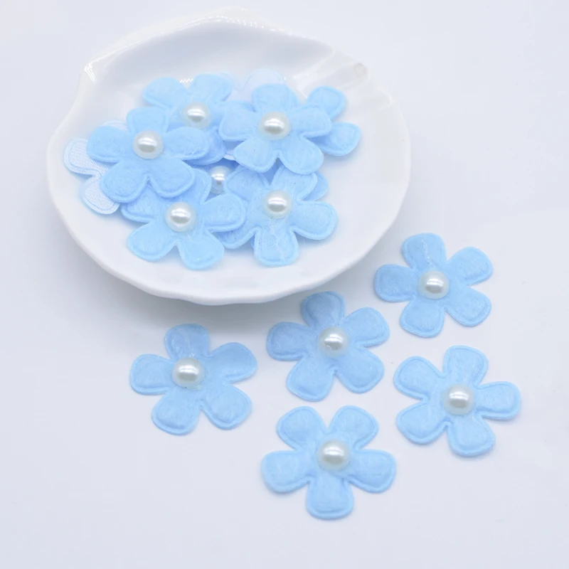 50Pcs 26mm Cloth Flower Embellishment with Pearl for Clothes Patch Fabric Sewing Crafts Socks Gloves Shoes Decal Headwear Decor