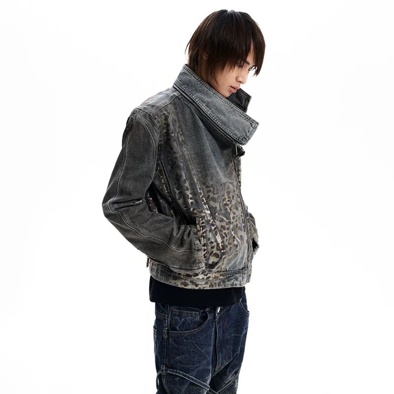 LUZHEN 2026 New Leopard Print Cross Zipper Placket High Quality Denim Jacket Men's Fashion Handsome Street Tie-dyed Coat JY9075