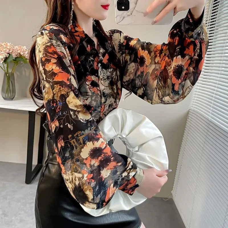 Vintage Floral Printed Commute Ladies Party Blouses Tops Spring Autumn Women\'s Elegant Lantern Long Sleeve Loose Button Up Shirt