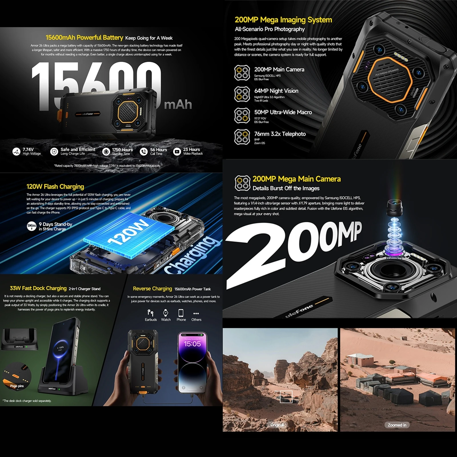 Ulefone Armor 26 Ultra Walkie Talkie 5G هاتف متين 120 وات 15600 مللي أمبير في الساعة 200 ميجابكسل + 64 ميجابكسل + 50 ميجابكسل 6.78 بوصة أندرويد 13 NFC هاتف ذكي مقاوم للماء