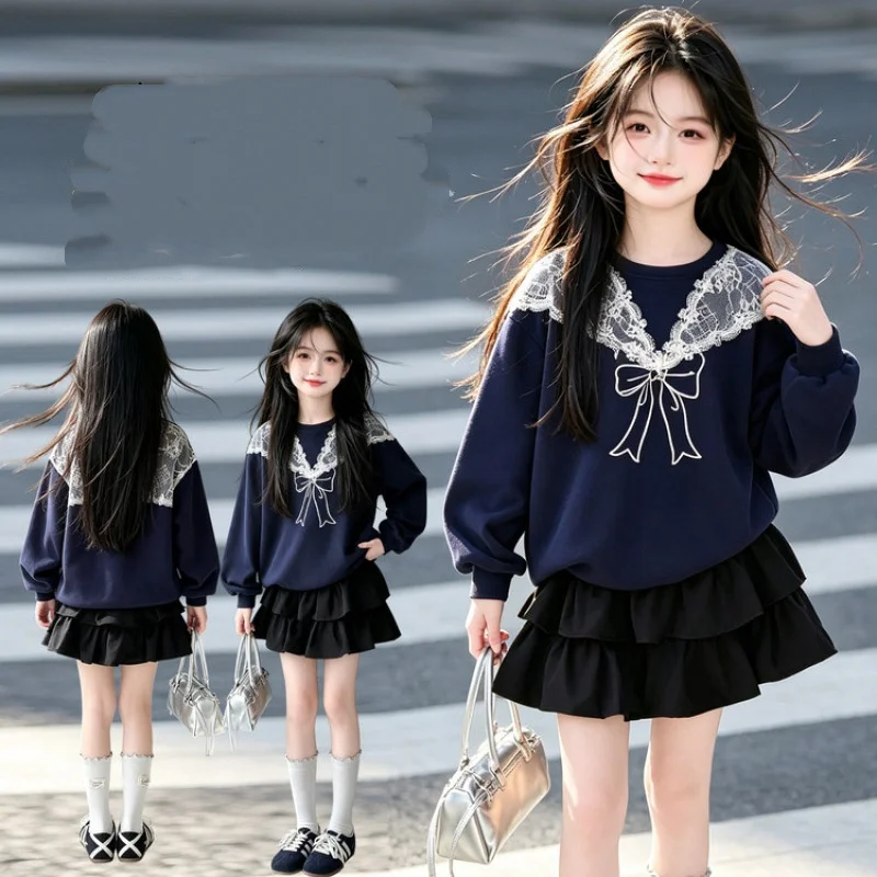 2PCS Children Clothing Set for Teenager Girls Spring Autumn Bow Lace Patchwork T-shirt And Cake Skirt Outfit Baby Kids Clothes