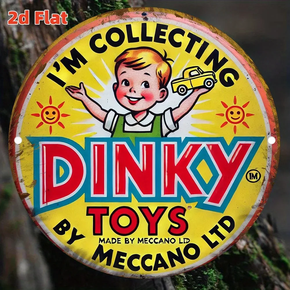 Letrero Metálico Redondo Plano 2D Vintage - "Estoy Coleando Juguetes Dinky" Decoración de Pared Retro Meccano Boy para Sala de Juegos o Cueva del Hombre, Colección de Juguetes Vintage