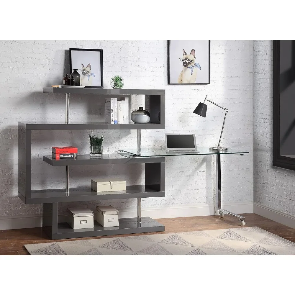 L Shaped Computer Desk, 360° Rotating Corner Home Office Desk with Storage Shelves & Glass Tabletop, Large Writing Study