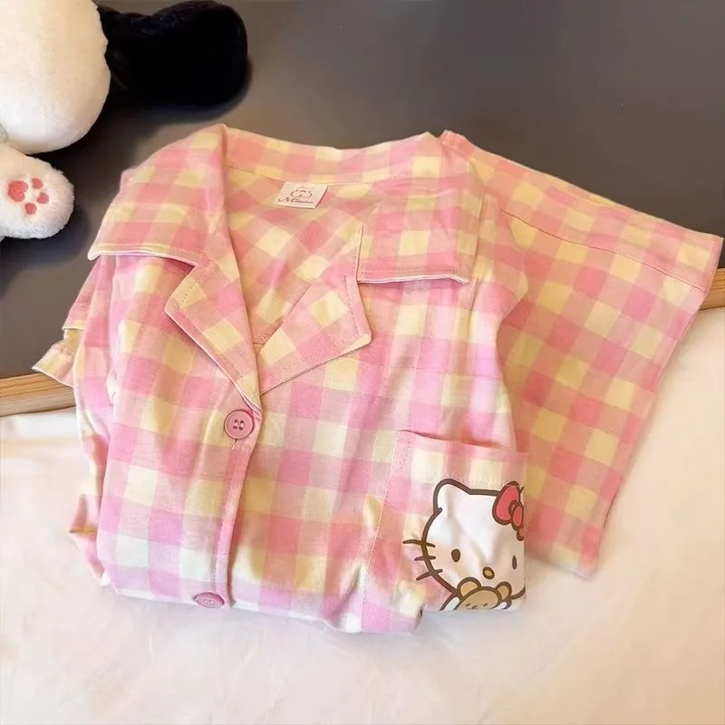 Hello Kitty kreskówka śliczne dziewczyny piżamy wiosenne i jesienne wyglądające spodnie z długimi rękawami studenckie ubrania domowe dwuczęściowy zestaw