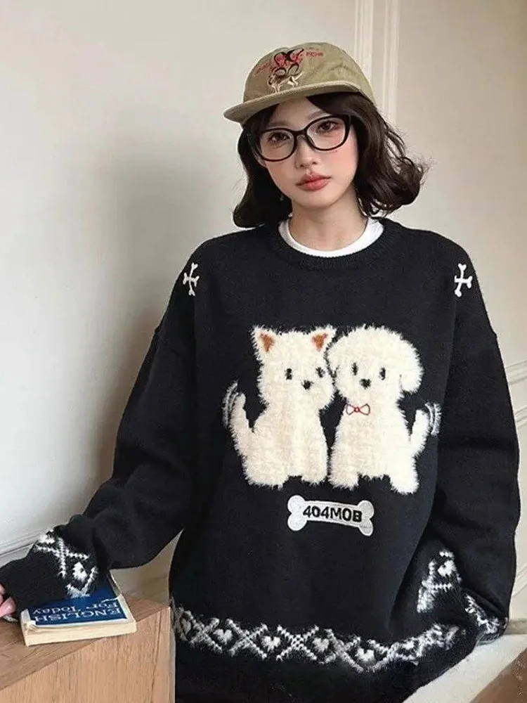 

Милый черный свитер с героями мультфильмов, женский винтажный вязаный пуловер с ленивым ветром, японский вязаный пуловер, свободный повседневный джемпер в консервативном стиле, кавайный ретро, осенний новый