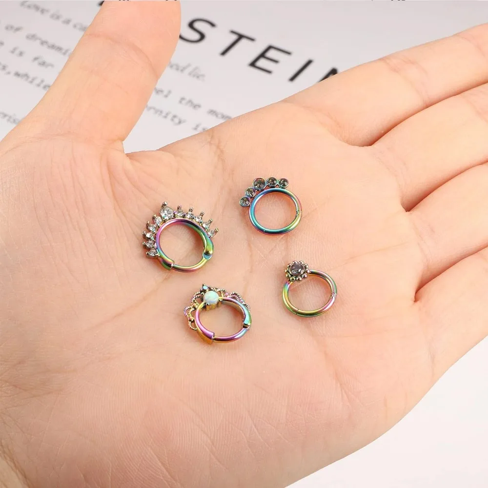 Diamday 1pc 316l chirurgischer Stahl Septum Ring Schmuck 16g Regenbogen Körper Piercing Schmuck klappbar Opal Septum Clicker für Frauen