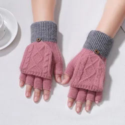 Winter Men Women Gloves Autmun Student Mittens Cashmere Thermal Half-Finger Flip Gloves Couple Writing Knit Jacquard Warm Gloves