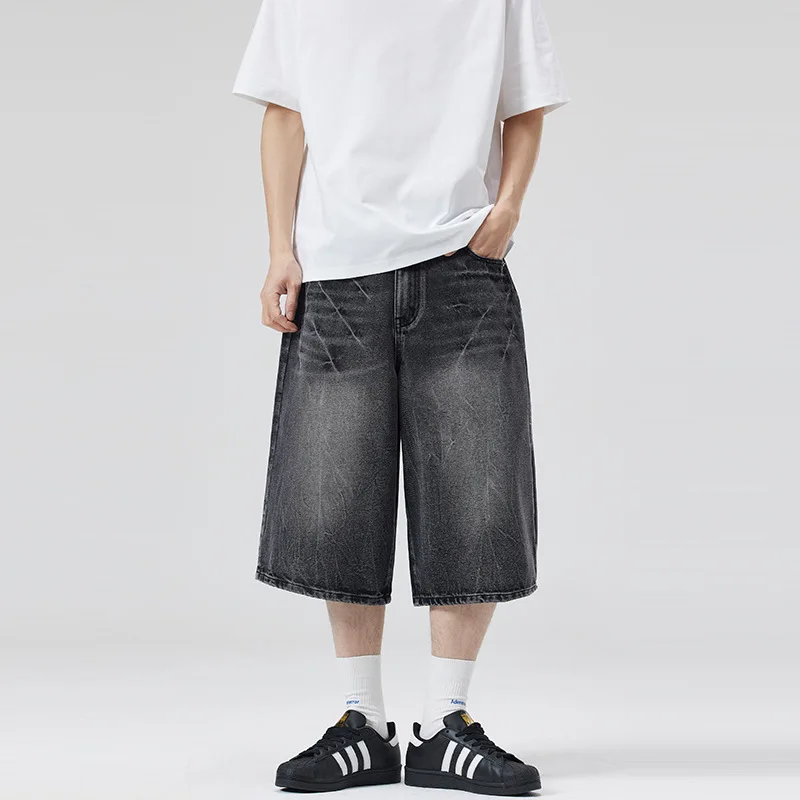 

Unisex American High Street Washed Lightning Denim Shorts 7/8 Wide Leg Distressed Streetwear Casual Oversized Jeans with Retro D