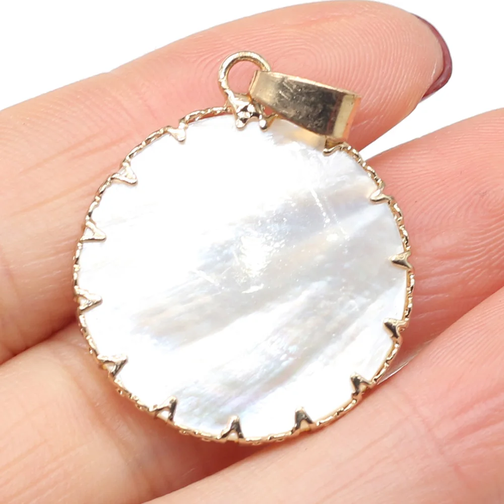 1pc 25x30mm Natural Shell Pendant Round with Gold Color Rim Charms for Jewelry Making Supplies DIY Necklace Earrings Accessories