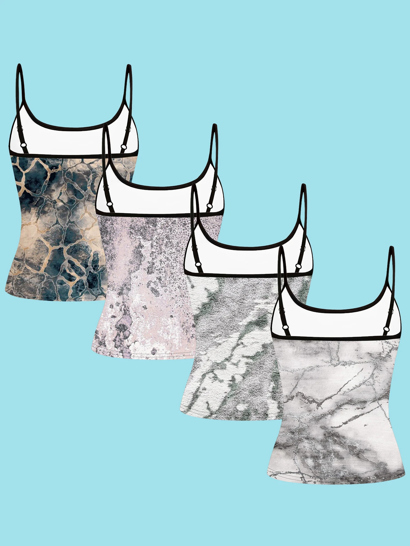 4-Piece Set of Ink Marble Crackle Print Camisoles for Women, Cool and Sophisticated Slim-Fit Base Layer Outerwear Tops for Women