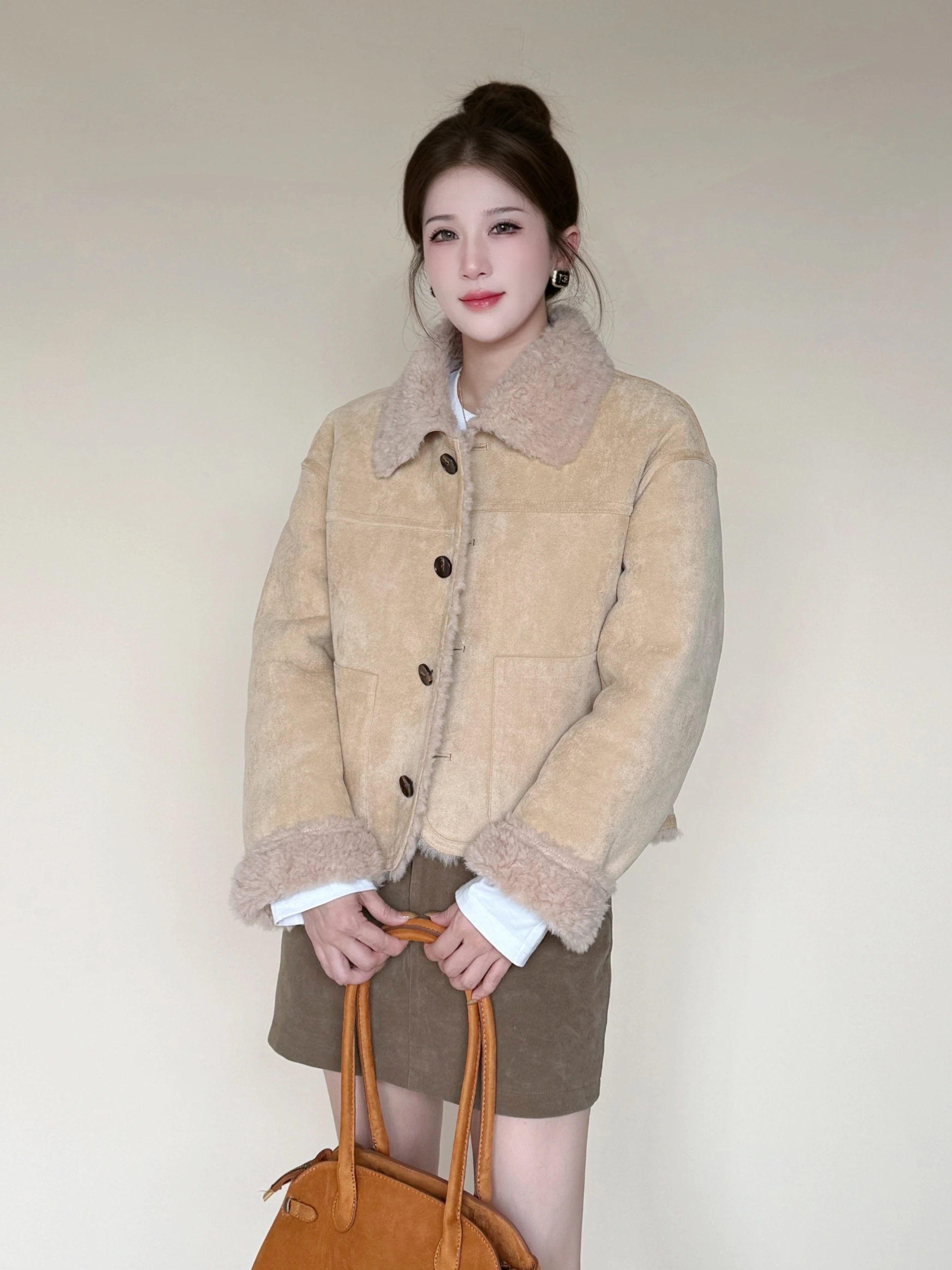 

VANGIIR женская шуба из овечьего меха, замша, бархатный воротник, воротник-стойка, теплая ветрозащитная зимняя верхняя одежда Thiened Long Sve