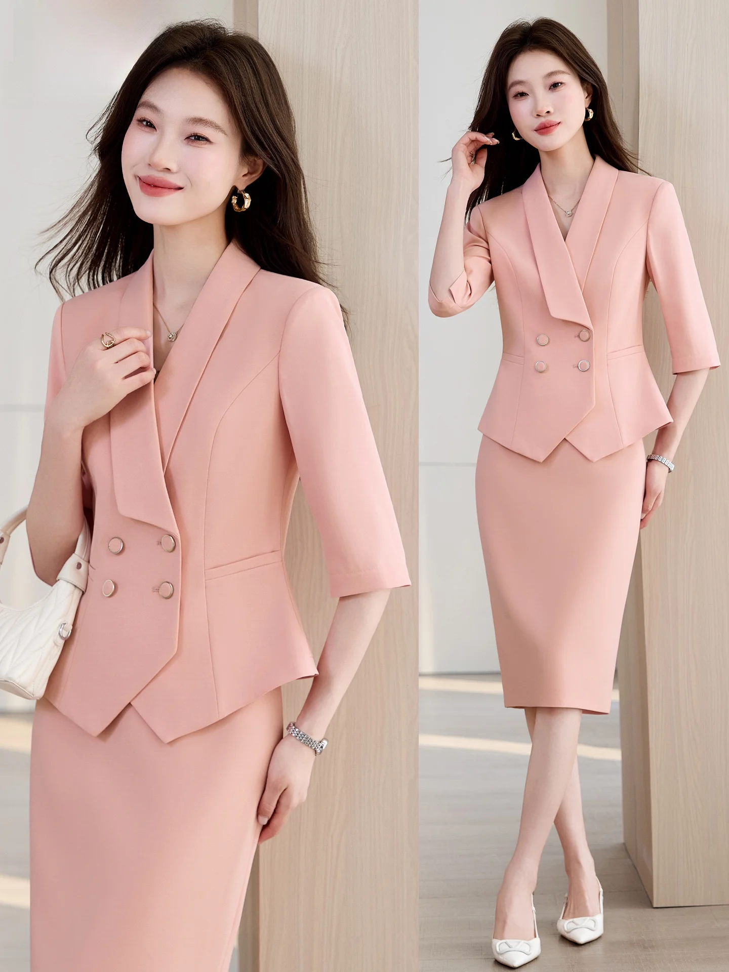 

Pink Suit Set Women's Professional Work Uniform Host Consultation Advisor Commute Style Slim Fit Button Detail Polyester Fiber