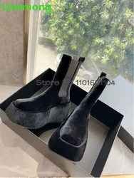 Thick Sole Velour Fabric Luxury Chelsea Boots For Female Women 2024 Newest Square Toe Slip-on Fashion Elegant Solid Winter Shoes