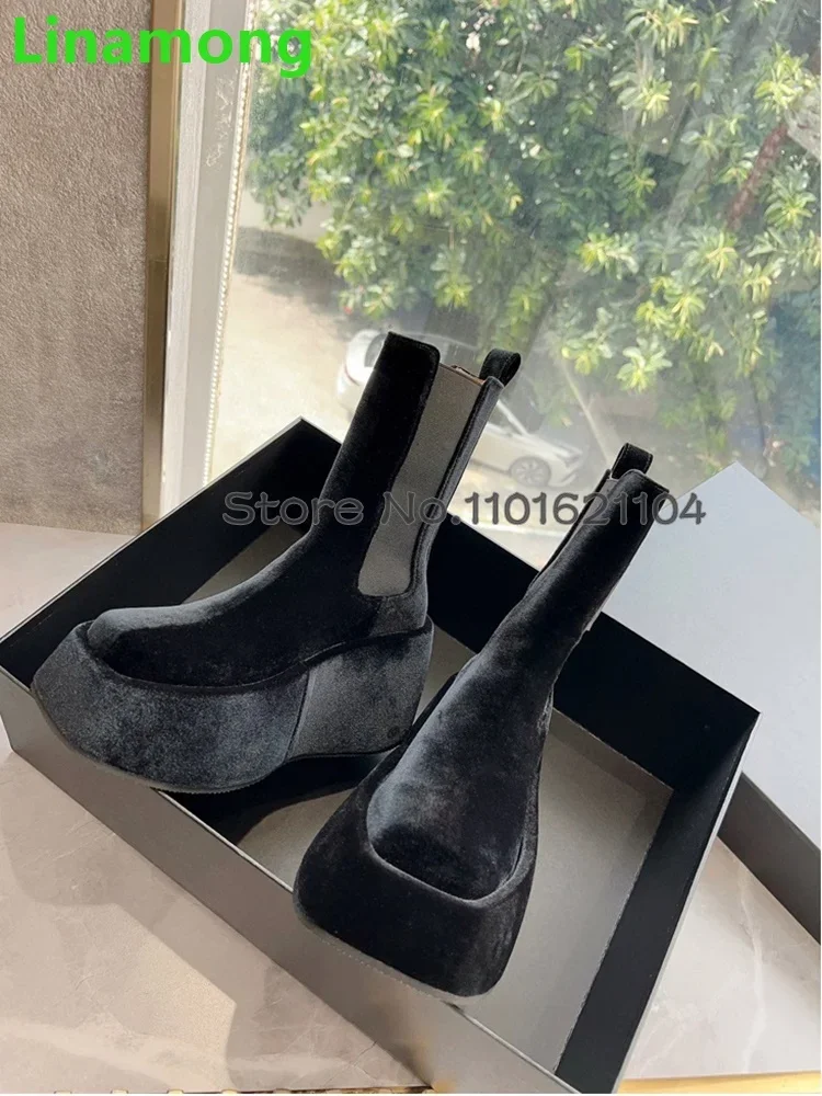 Thick Sole Velour Fabric Luxury Chelsea Boots For Female Women 2024 Newest Square Toe Slip-on Fashion Elegant Solid Winter Shoes