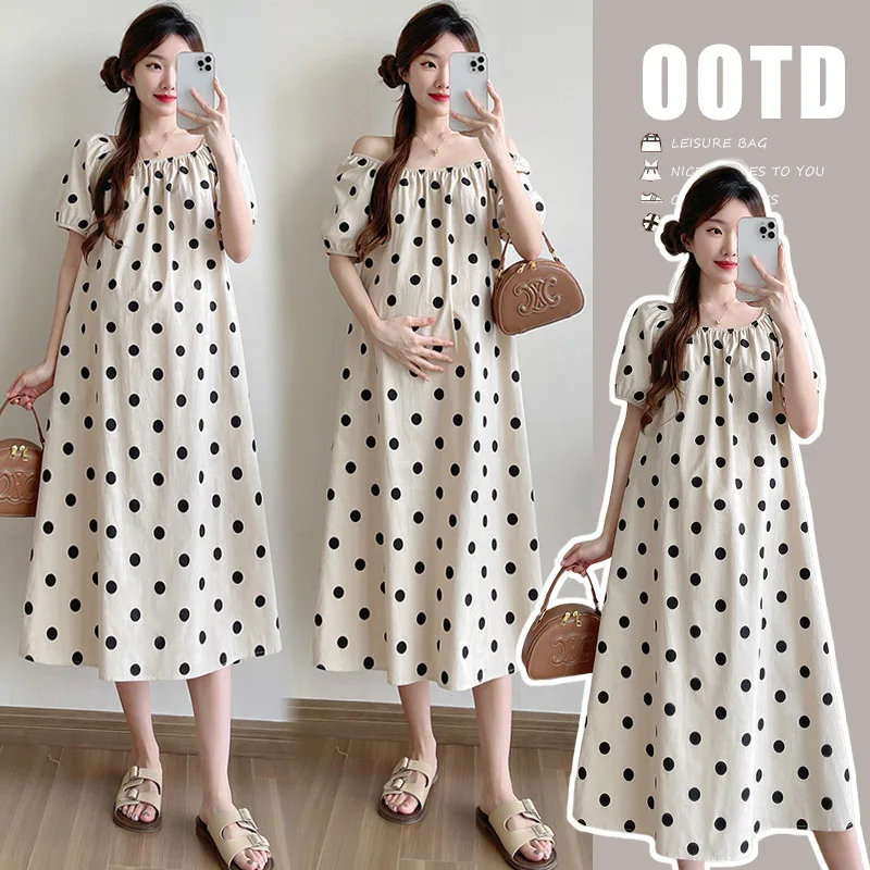 Pregnant Women's Long Dress Summer New Wave Dot Cotton and Linen Square Collar dress Original Pocket Long Dress