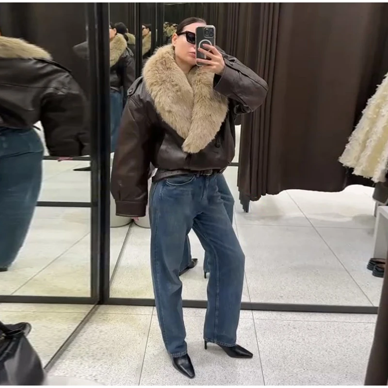 Elegant PU Fur Patchwork Jacket Women Loose Detachable Collar Lapel Double Breasted Jackets Female Fashion Winter Warm Outwear