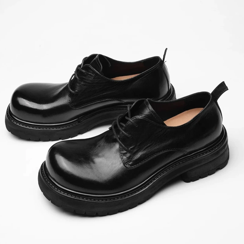 Washed Horseskin Wide Version Upturned Head Derby Shoes for Male Dress Shoes Thick Soled Heightening Leather Shoes Men and Women