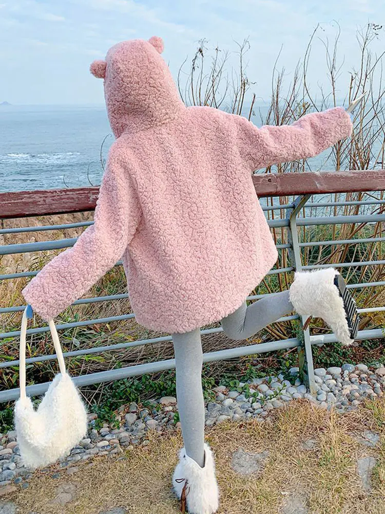 Pink Hooded Faux Lambhair Winter Jacket Women's New Style Fashion Loose And Thick Warm Women Coat Casual Cute Mid-length Jacket