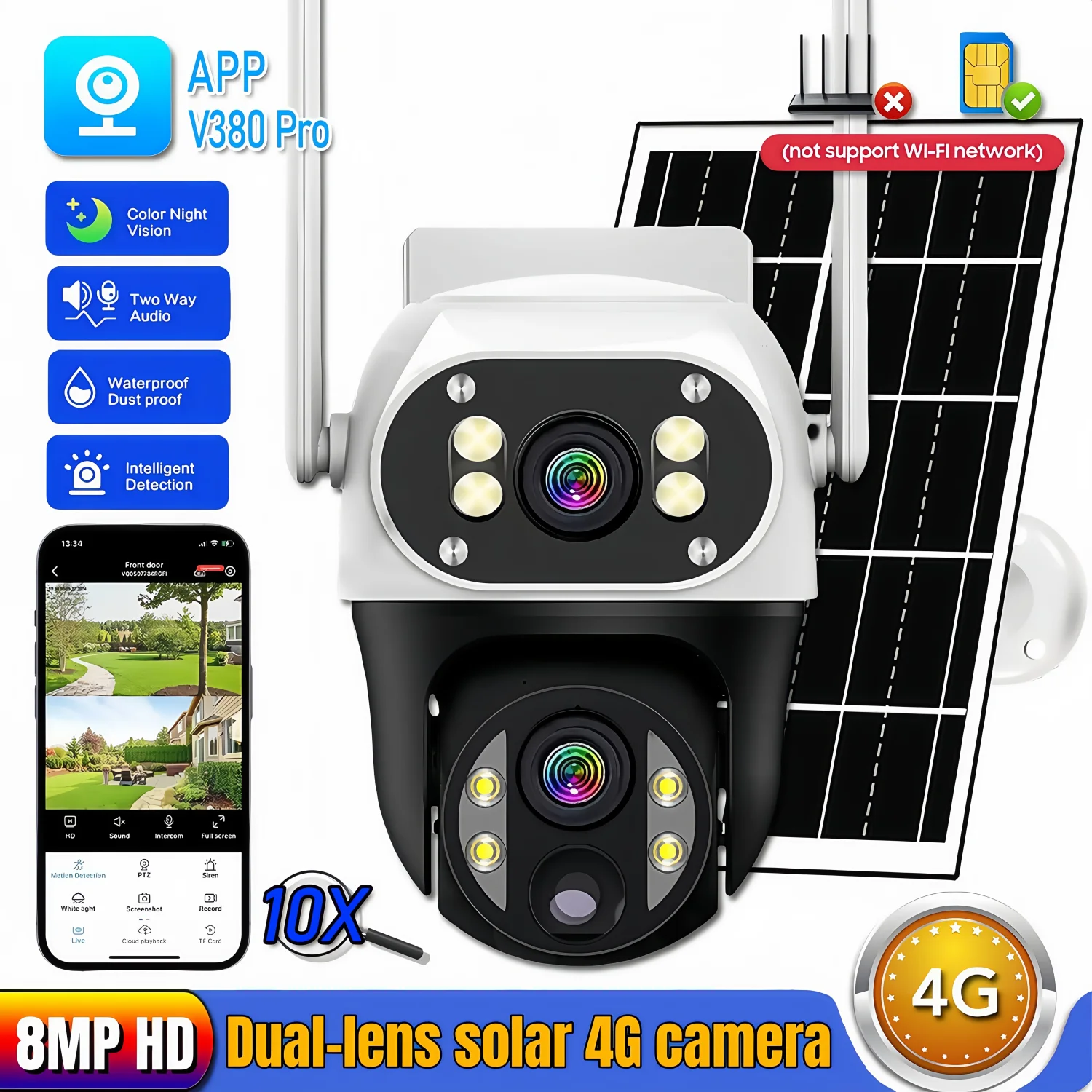 

8-мегапиксельная солнечная панель, 4G, камера с двумя объективами, уличный цветной монитор ночного видения, PIR, обнаружение человека, защита, видеорегистратор, камера видеонаблюдения