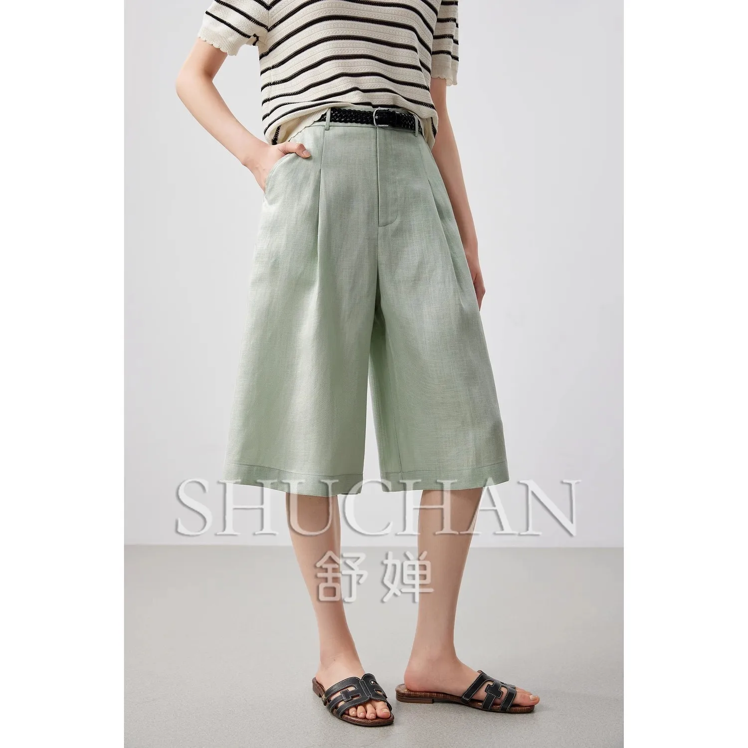 

2025 good quality, minimalist old money style Lyocell linen herringbone pattern semi-elastic waist casual wide-leg cropped pant