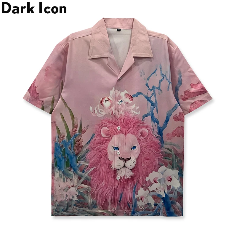 

Темная икона, розовая мужская и женская рубашка с цветочным принтом льва, винтажные рубашки с коротким рукавом для мужчин