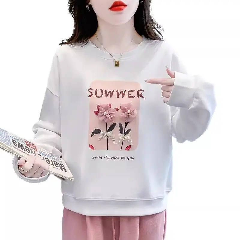 Women's Loose Fit 3D Flower Beaded Sweatshirt Round Neck Long Sleeve Spring Fall Versatile Base Top