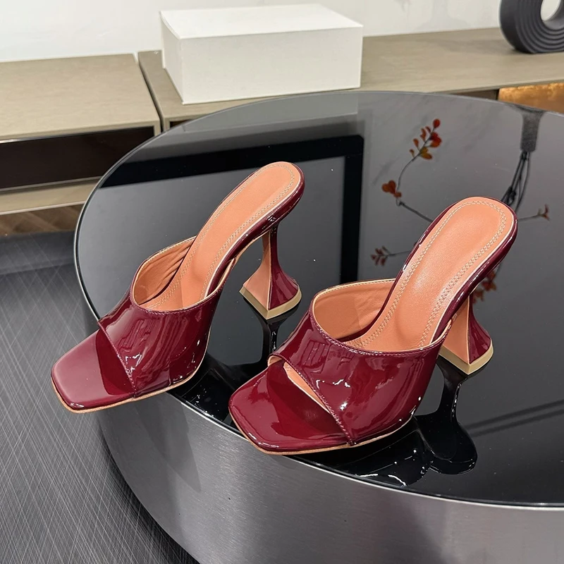 

New 2025 Patent Leather Square Toe Solid Color Open Toe Slippers Women Sexy Thin Hight Heels Sandals Summer Party Dress Shoes