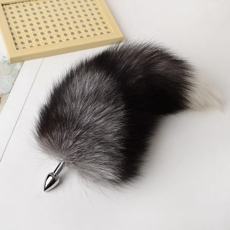 BDSM Alloy Threaded Anal Sex Toys with 30-100cm Detachable Fluffy Silver Black Real Fur Fox Tails for Couple Erotic Accessories