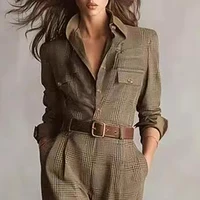 Vintage Plaid Print High Waist Jumpsuits Woman Elegant Shirt Collar Button Slim Bodysuit Fall Long Sleeve Pocket Romper Overalls 5