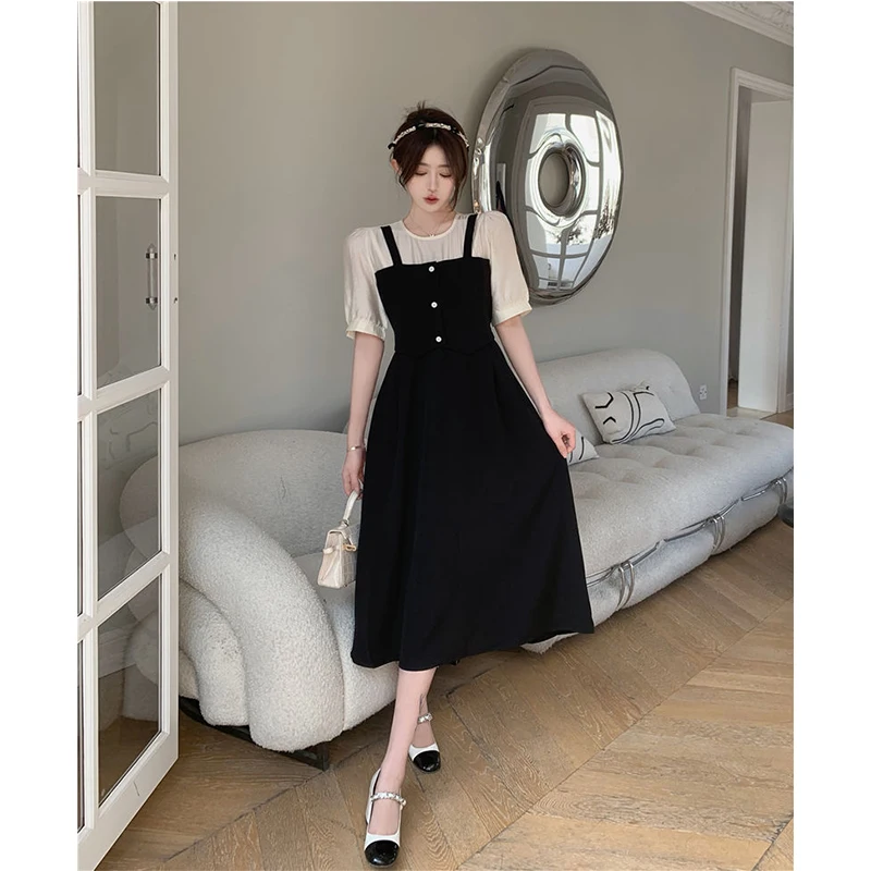 MEXZT Sweet Elegant Dress Women Patchwork Puff Short Sleeve A Line Midi Dress Korean Summer Empire Slim All Match Vestidos New