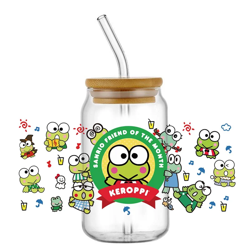 Miniso Frog Cartoon Keroppi Pattern UV DTF Transfer Sticker Waterproof Transfers Decals For 16oz Glass Cup Wrap Stickers