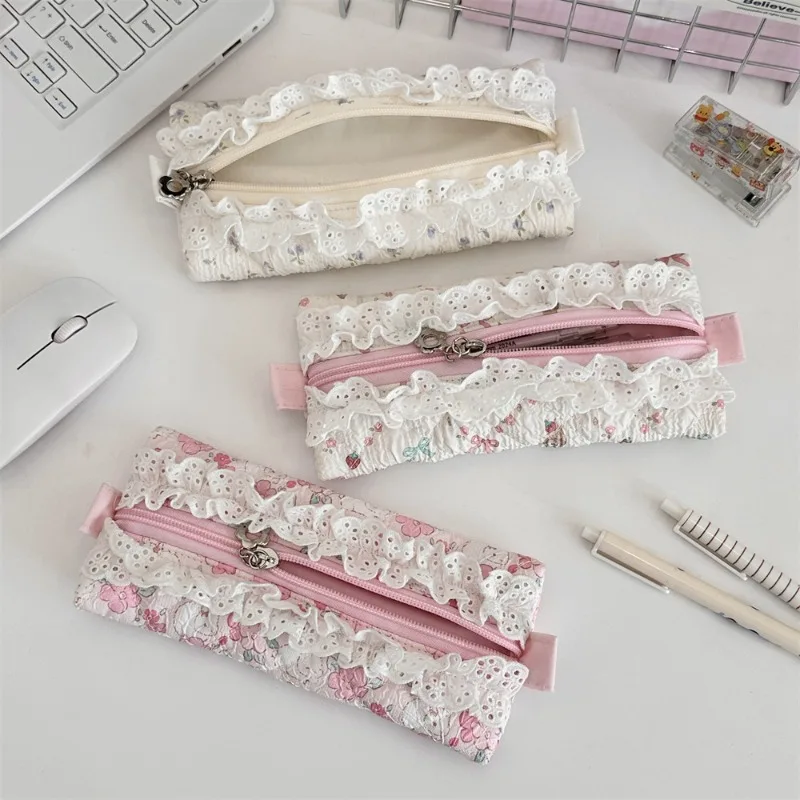Cute Sweet Lace Ruffle Pencil Case for Girl Pink Color Cartoon Animal Pen Pouch Portable Creative Design Stationery Organizer