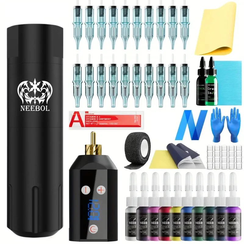 

Professional Complete Tattoo Kit - Advanced Wireless Machine, Premium Cartridge Needles, Color Inks, Inks Cups