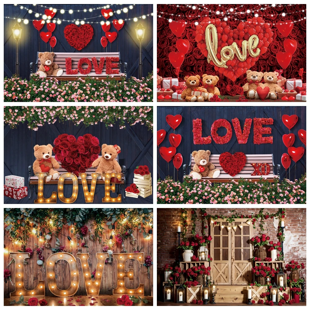 

Valentine's Day Photography Backdrop Romantic Balloon Red Rose Love Little Bear Proposal Confession Party Decor Photo Background