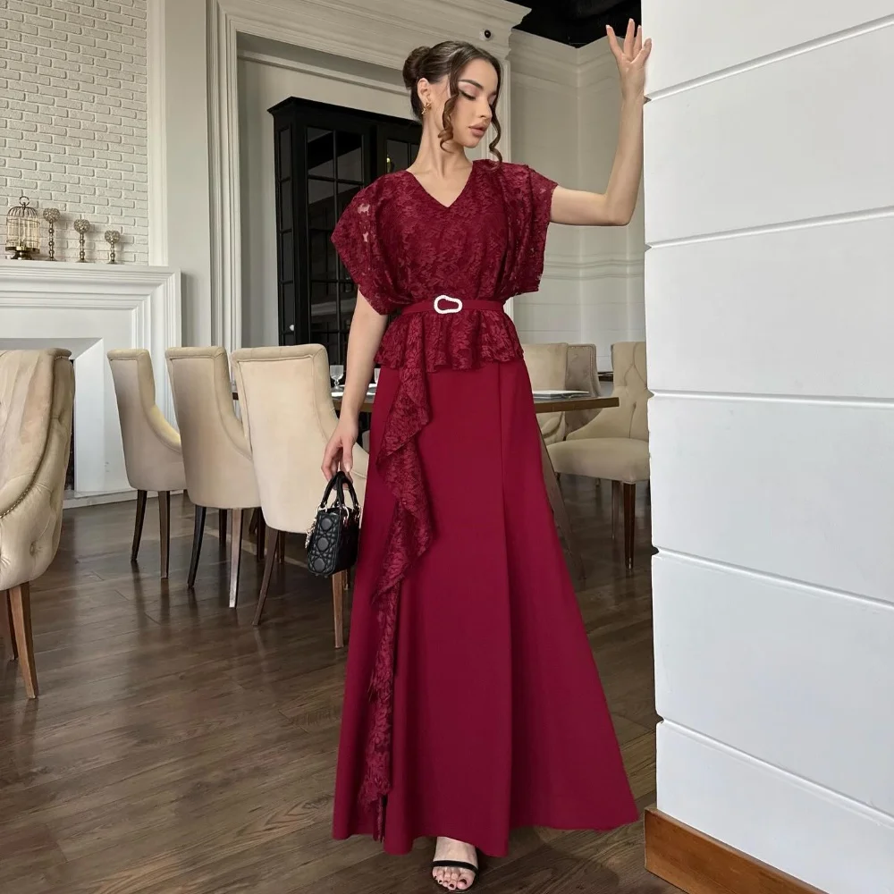 

Customized Matching Simple Jersey Lace Sash Rhinestone A-line V-neck Midi Dresses Bespoke Occasion Dresses Sizes Available Retro