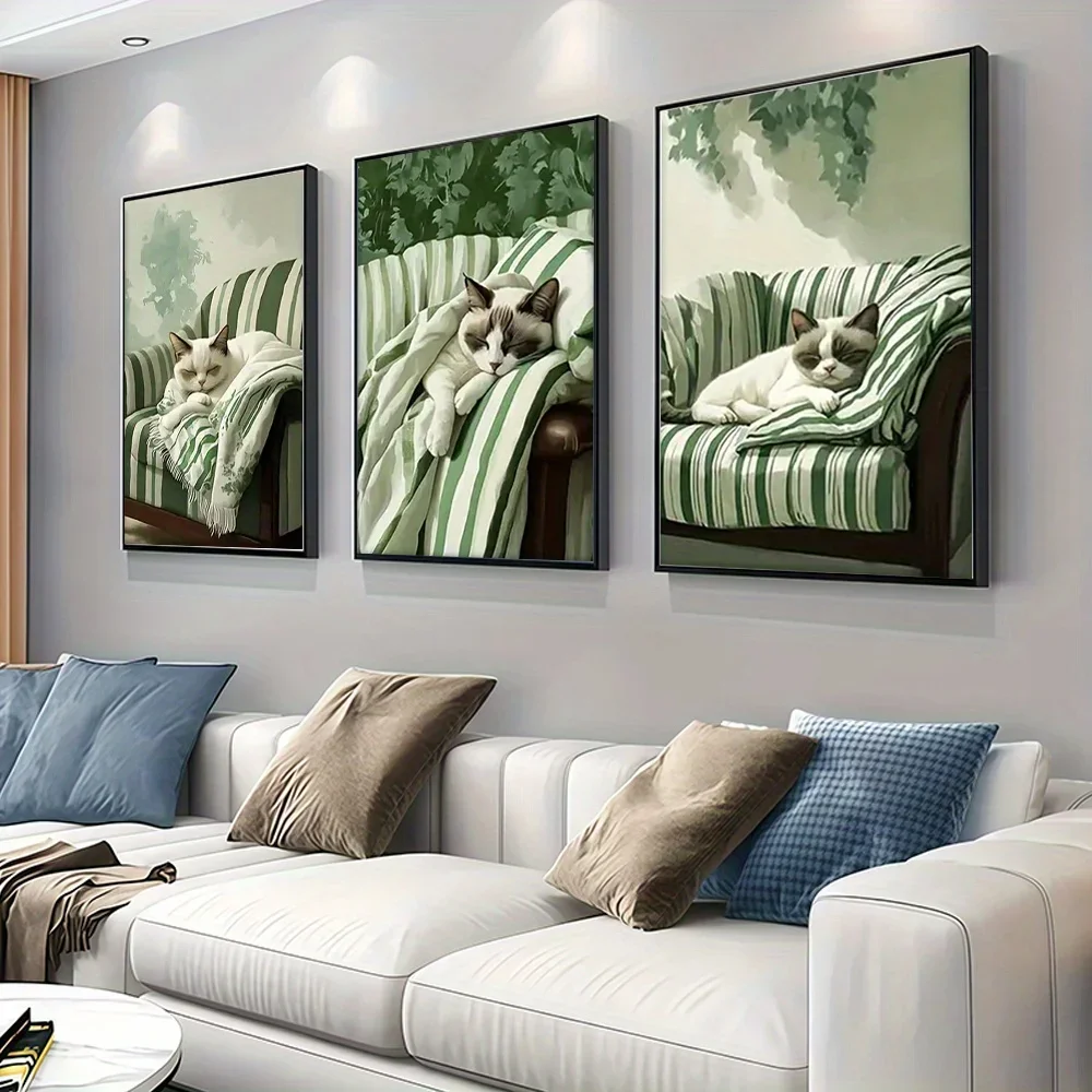 3 pièces, ensemble d'art sur toile sans cadre 2D de 3, décor de salon, sommeil de chat sur canapé vert et blanc, Collection de peinture d'artiste pour Ho