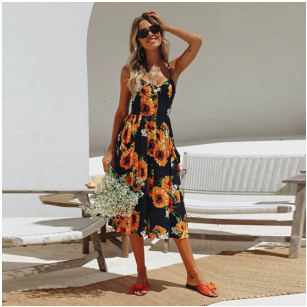 Boho sexy vestido floral verão vintage casual vestido de praia feminino midi botão sem costas bolinhas listrado vestido feminino 2024