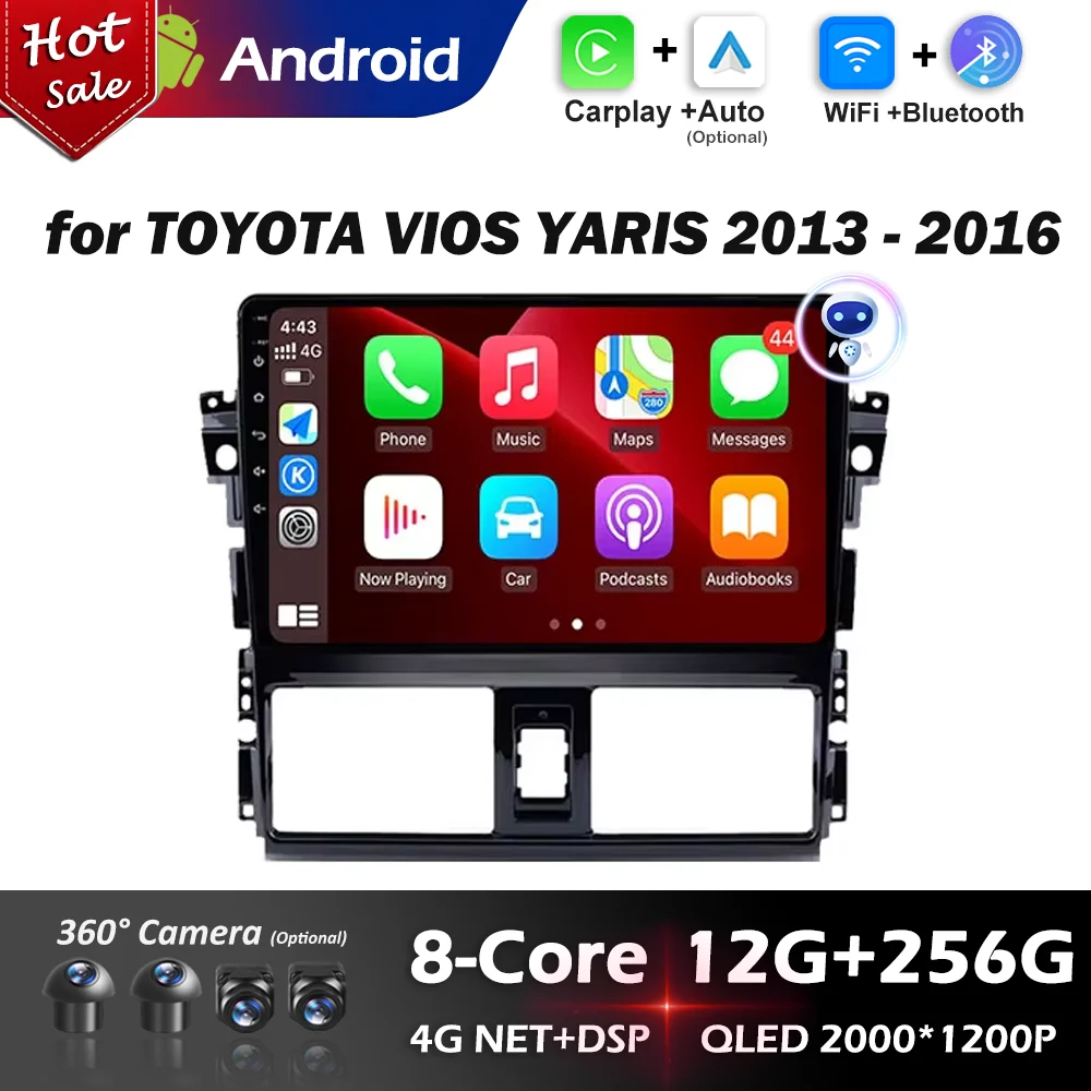 10 inch Wireless Carplay 4G Android System for Toyota VIOS YARIS  2013 - 2016 GPS Navigation Car Video Multimedia Player WiFi BT